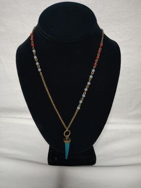 Bronze-Tone Necklace with Turquoise Colored Pendant and Red/White Beads